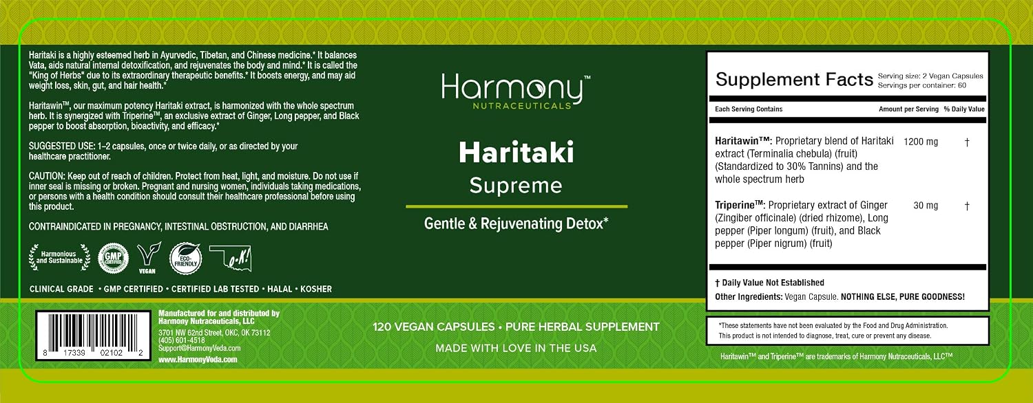 Haritaki Supreme - 120 Cápsulas Veganas - Alta Potencia - Harmony Nutraceuticals