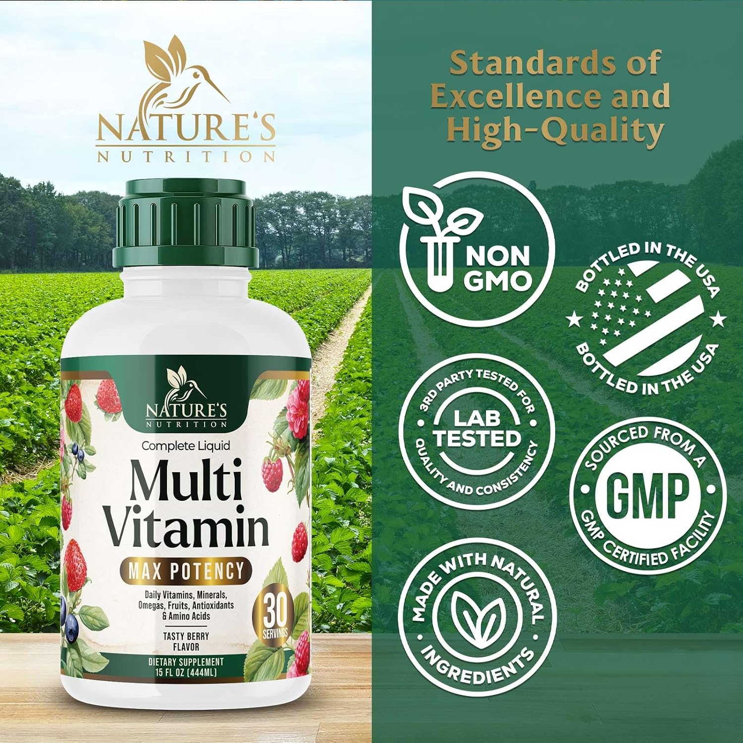 Multivitamínico Líquido Sin Azúcar - Para Mujeres, Hombres y Niños - Vitaminas A, C, D, B12, Biotina y Zinc - Apoya el Crecimiento del Cabello y la Piel - Vegano, No-GMO, Sabor a Bayas, 444 ml