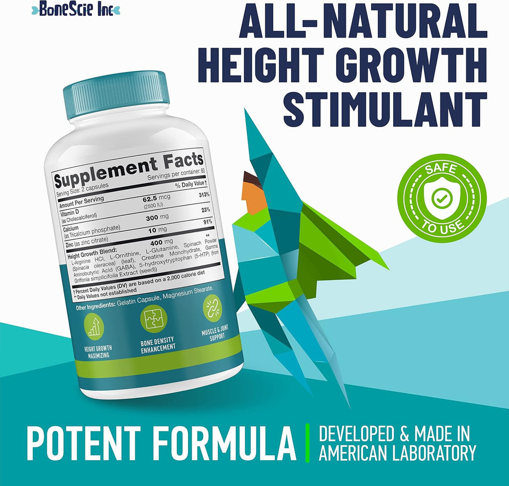 Height Growth Maximizer - Suplemento de Crecimiento con Calcio, Vitamina D3 y Zinc para Niños y Adolescentes - 120 Cápsulas