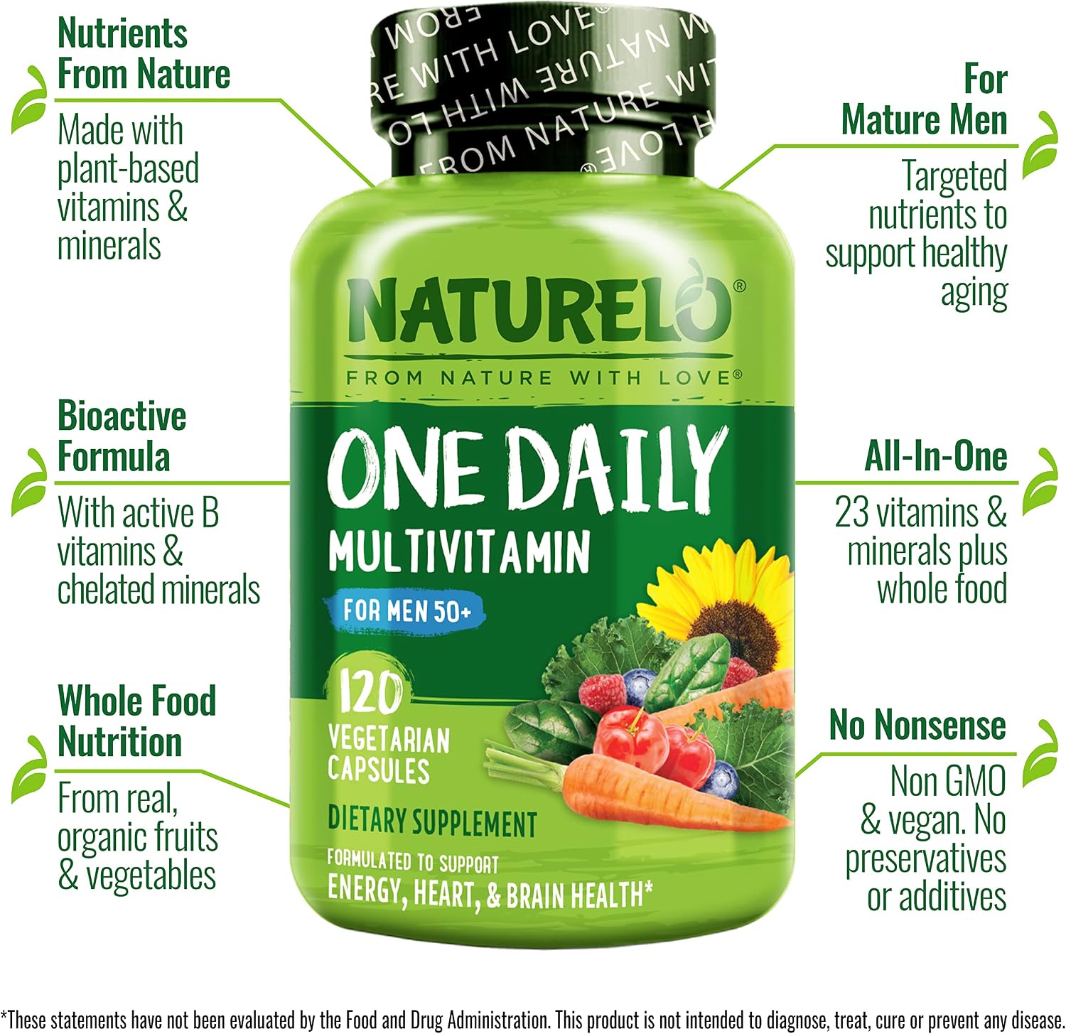 NATURELO Multivitamínico para Hombres 50+ - Complejo Diario con Vitaminas, Minerales y Alimentos Orgánicos, 120 Cápsulas Vegetales