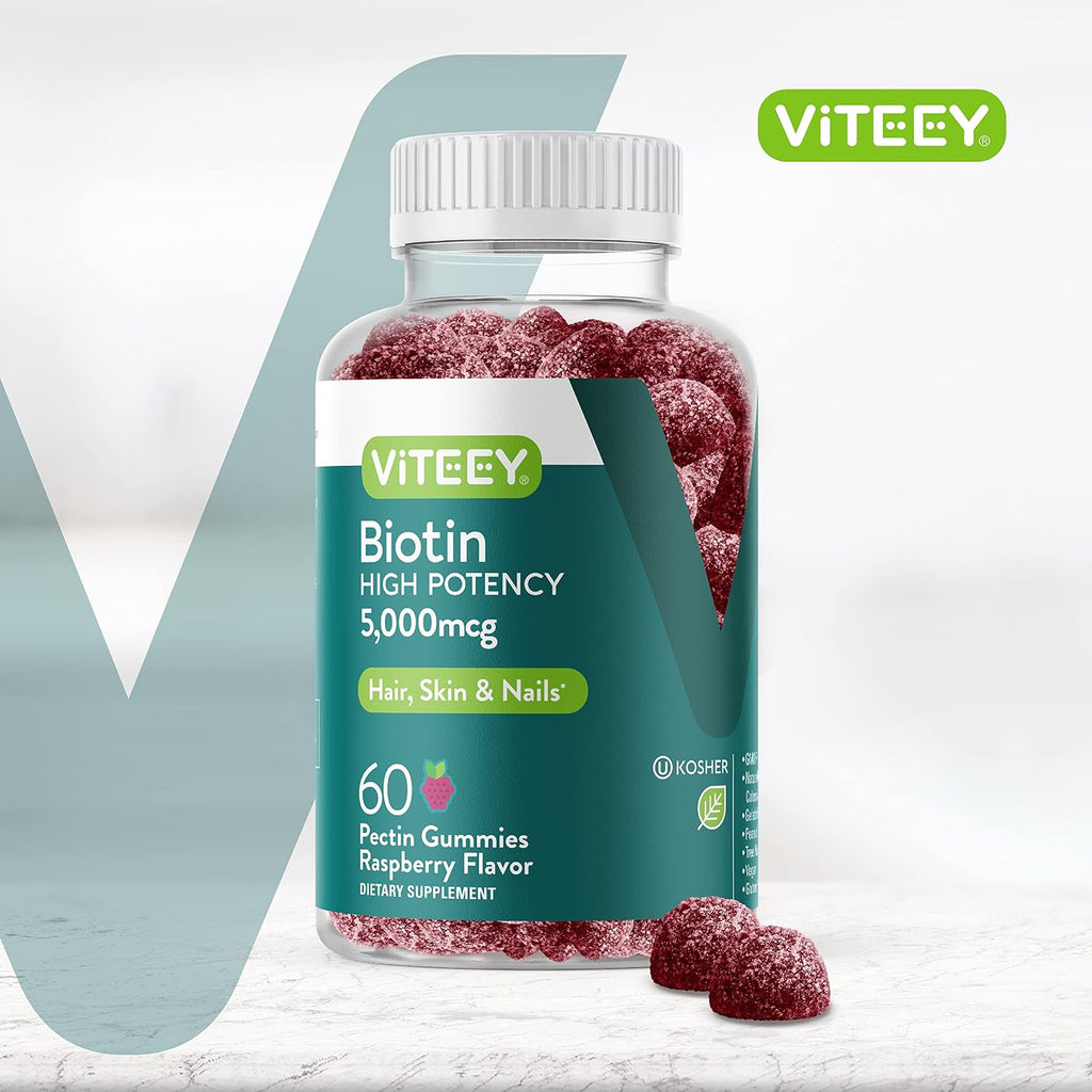 Viteey Biotin Gummies 5000 mcg — 60 Gominolas para Cabello, Piel y Uñas