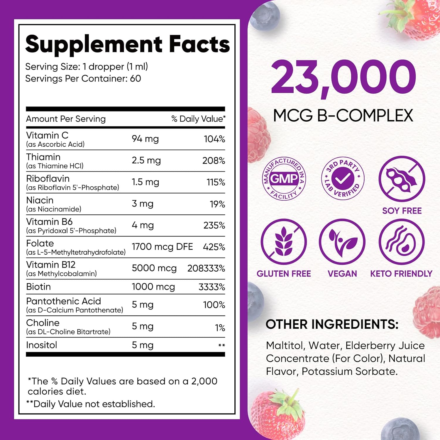 Venture Pal Vitamin B Complex Liquid Drops, B12 Metilcobalamina | B9 Fólico | B1,B2,B3,B5,B6,B7 - Vitamina C, Colina, Inositol, Apoyo Inmunológico y Metabolismo Energético, Cerebro y Corazón