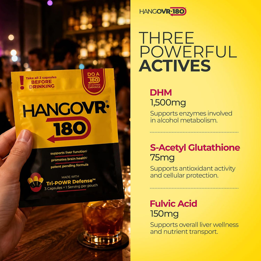 Hangovr180® Tri-Power Before Drinking Defense - Suplemento con DHM 1500mg (8 Sobres)