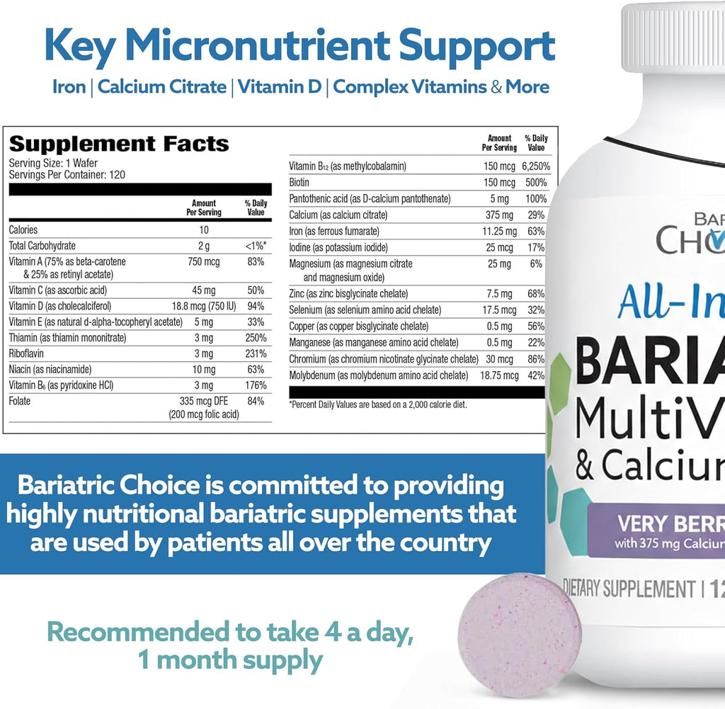 Bariatric Advantage Chewable All-in-One Multivitamin with Iron and Calcium Citrate, Very Berry Flavor (120 tablets)