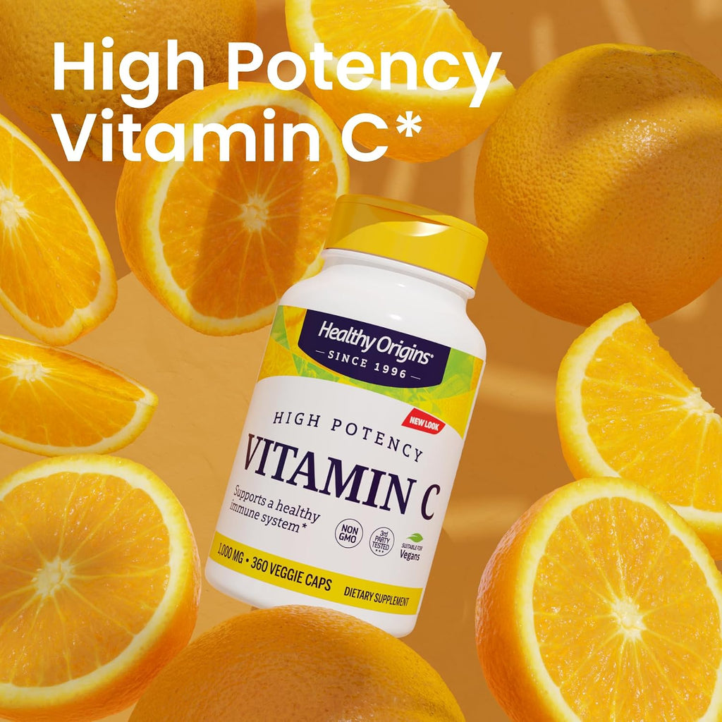 Healthy Origins Vitamina C 1000 mg (No GMO, Alta Potencia, Apoyo Inmunitario, Vegano), 360 Cápsulas Vegetales