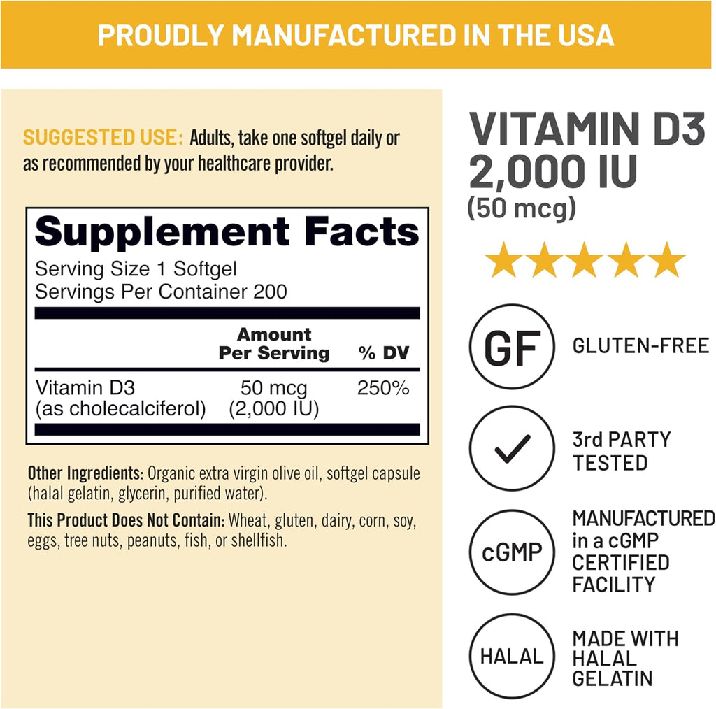 NatureWise Vitamina D3 2000 IU (50 mcg) - 200 Cápsulas Blandas - Apoyo Inmunológico, Función Muscular y Salud Ósea