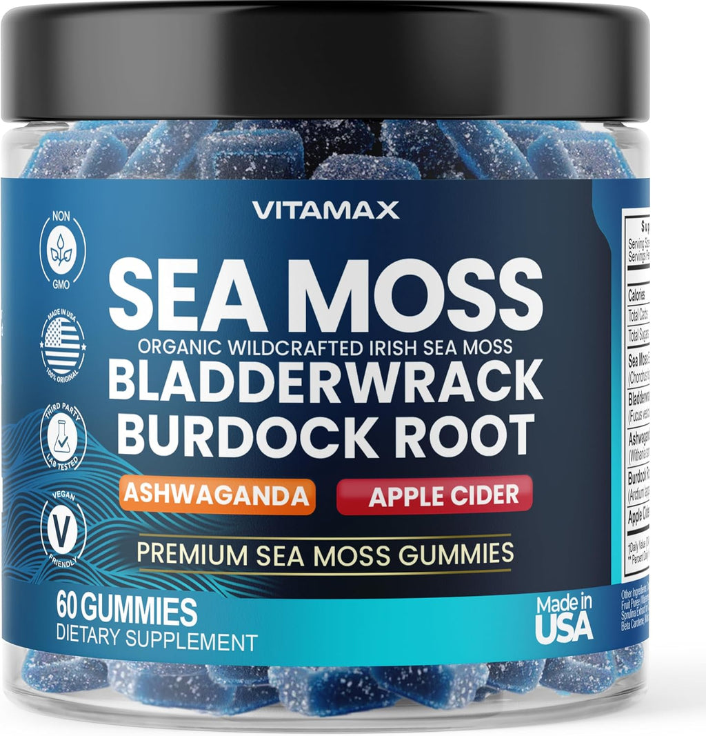 Vitamax Gominolas de Irish Sea Moss - Suplemento Multimineral con Bladderwrack, Ashwagandha, Raíz de Bardana y Vinagre de Manzana - Vegano y No GMO - 60 Gominolas