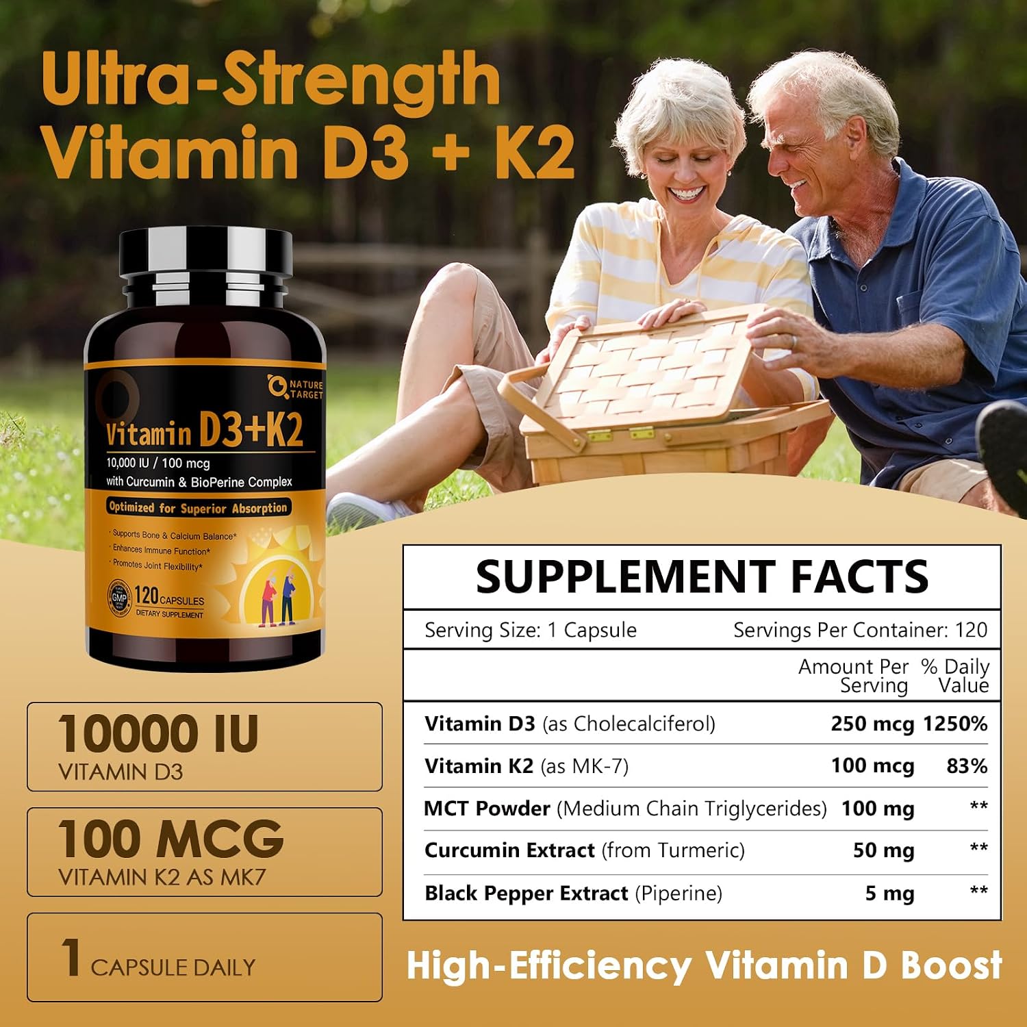 NATURE TARGET Vitamin D3 K2, 10,000 IU D3, 100 mcg K2, 120 Capsules | High-Potency D3 With MCT, for Max Absorption, Supports Bone, Calcium & Immune Health