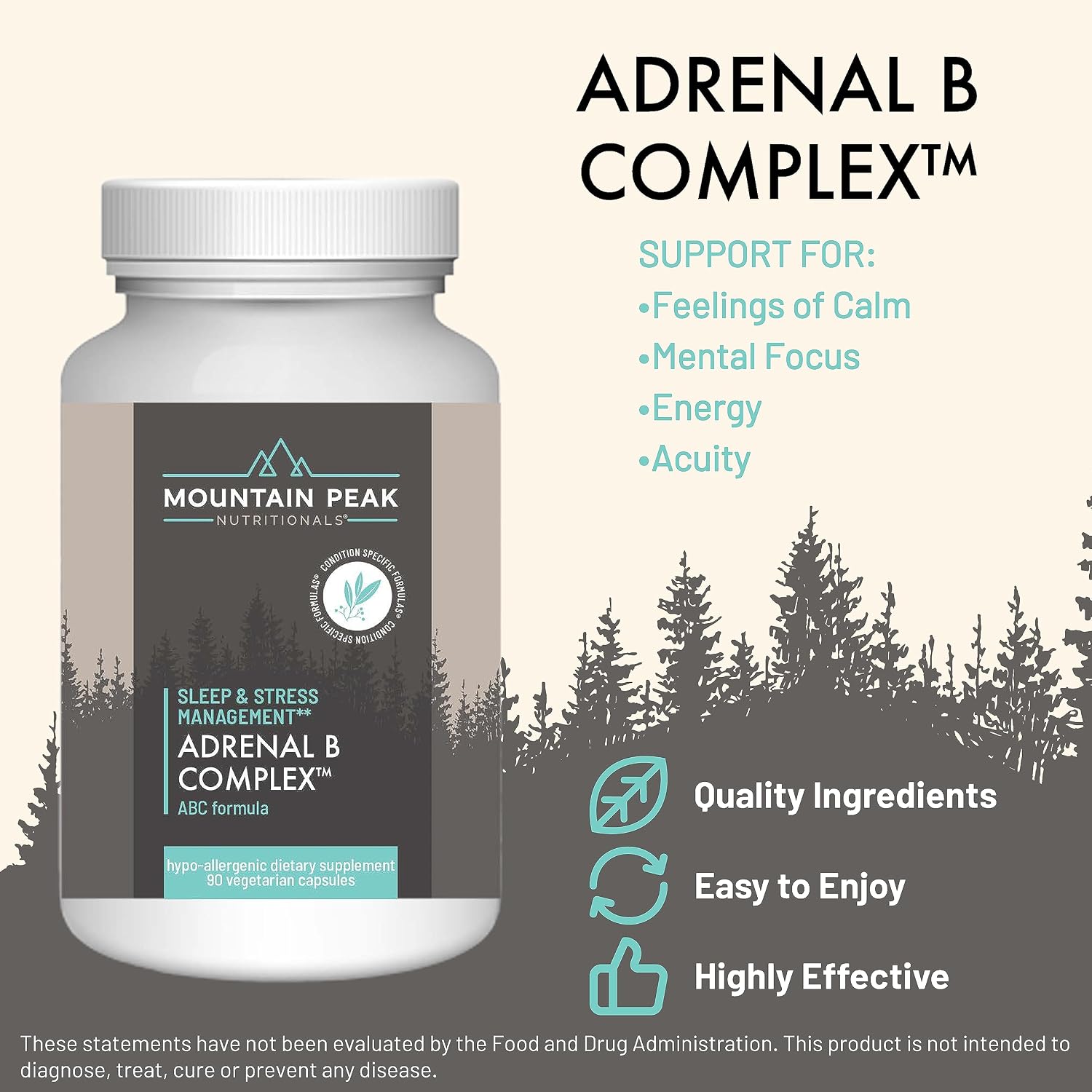 Mountain Peak Adrenal B Complex — Apoyo para el Cortisol con Ashwagandha, Vitaminas B6, B12 y C — Suplemento para el Sistema Endocrino y Nervioso (90 Cápsulas Vegetales)