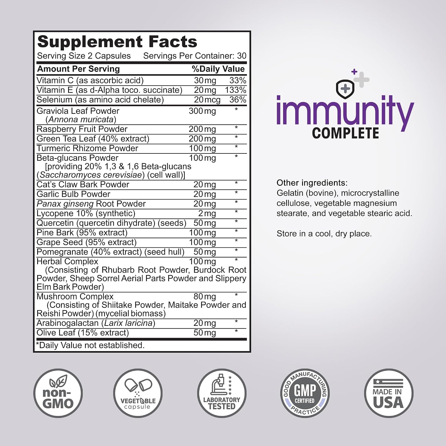 Immunity Complete - 20-in-1 Fórmula de Apoyo Inmunológico con Uña de Gato, Quercetina, Vitamina C y Extracto de Hoja de Olivo (60 comprimidos)