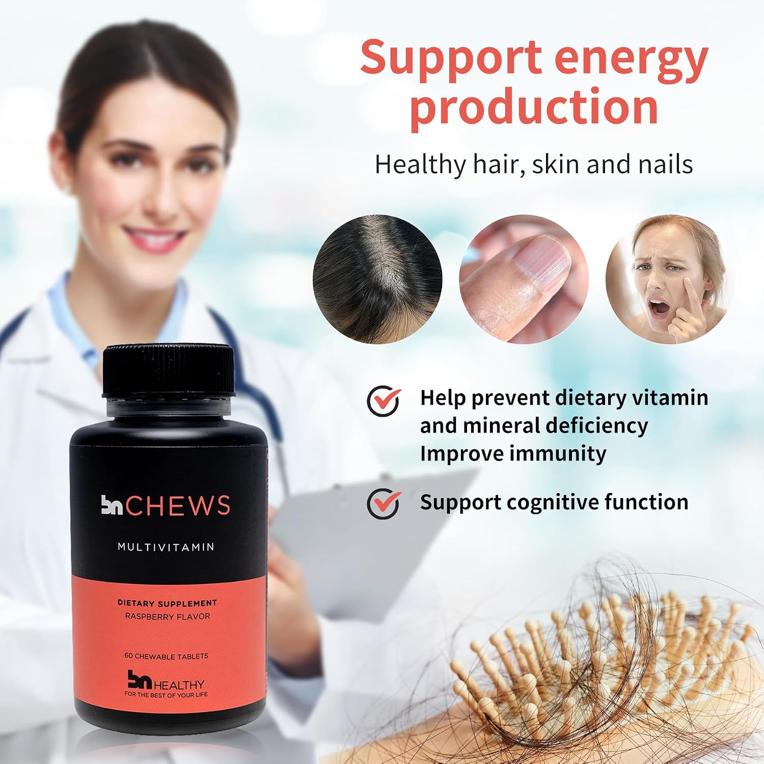 BNHealthy Chews Multivitamínico Bariátrico con Hierro - Masticable Diario con B12, D3, Folato y Zinc, Sabor Frambuesa, para Adultos Post-Cirugía, 60 Unidades