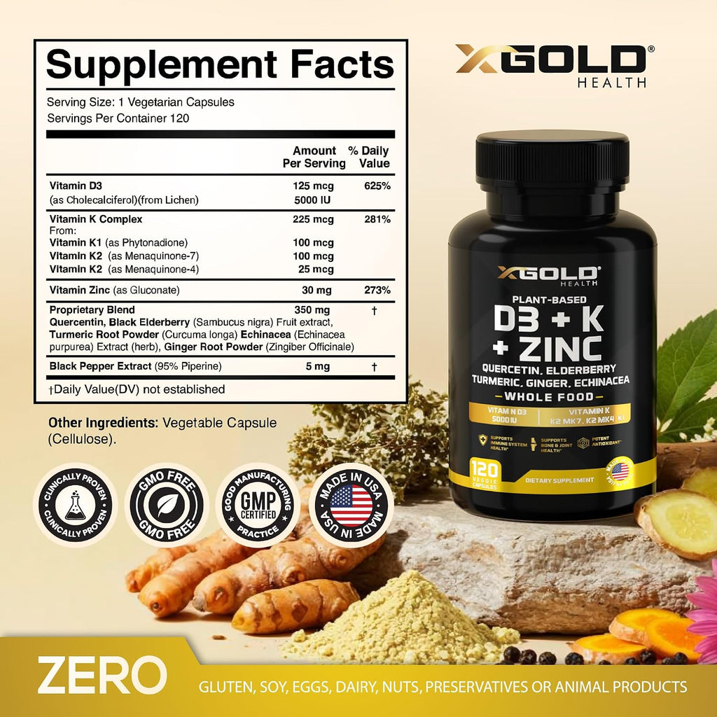 X Gold Health Complejo 8 en 1 con Vitamina D3, K2, K1, Zinc, Quercetina, Saúco, Cúrcuma, Jengibre y Equinácea - 120 Cápsulas Veganas