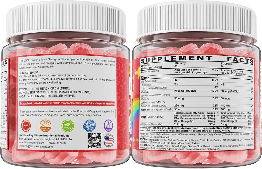 Gominolas líquidas de vitamina D3, K2 y calcio para niños y adolescentes, 1000 UI / 2000 UI D3 con magnesio, omega-3 de algas, vitaminas para huesos y dientes, absorción de calcio, cerebro e inmunidad, sin azúcar, pack de 2