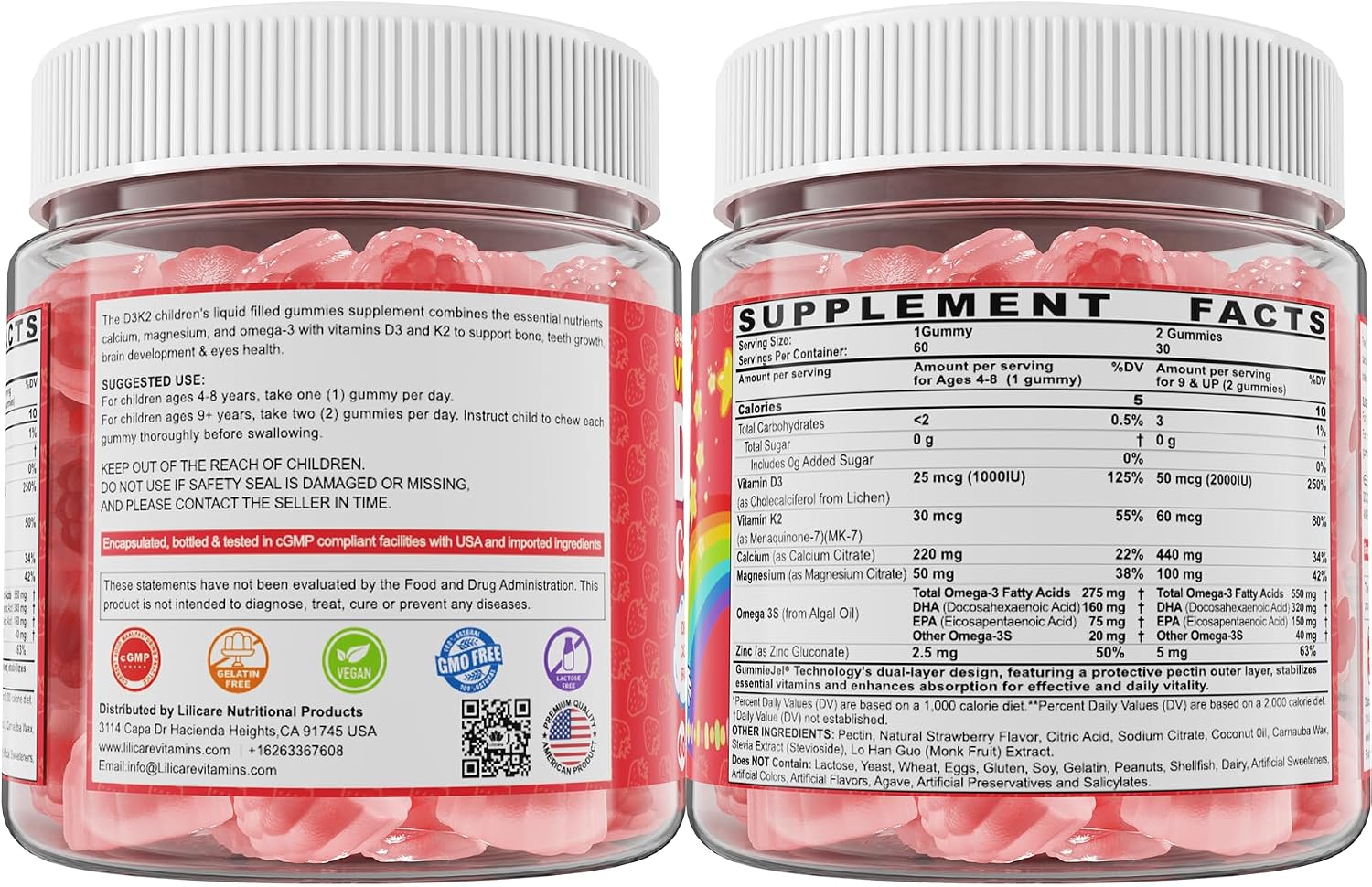 Gominolas líquidas de vitamina D3, K2 y calcio para niños y adolescentes, 1000 UI / 2000 UI D3 con magnesio, omega-3 de algas, vitaminas para huesos y dientes, absorción de calcio, cerebro e inmunidad, sin azúcar, pack de 2