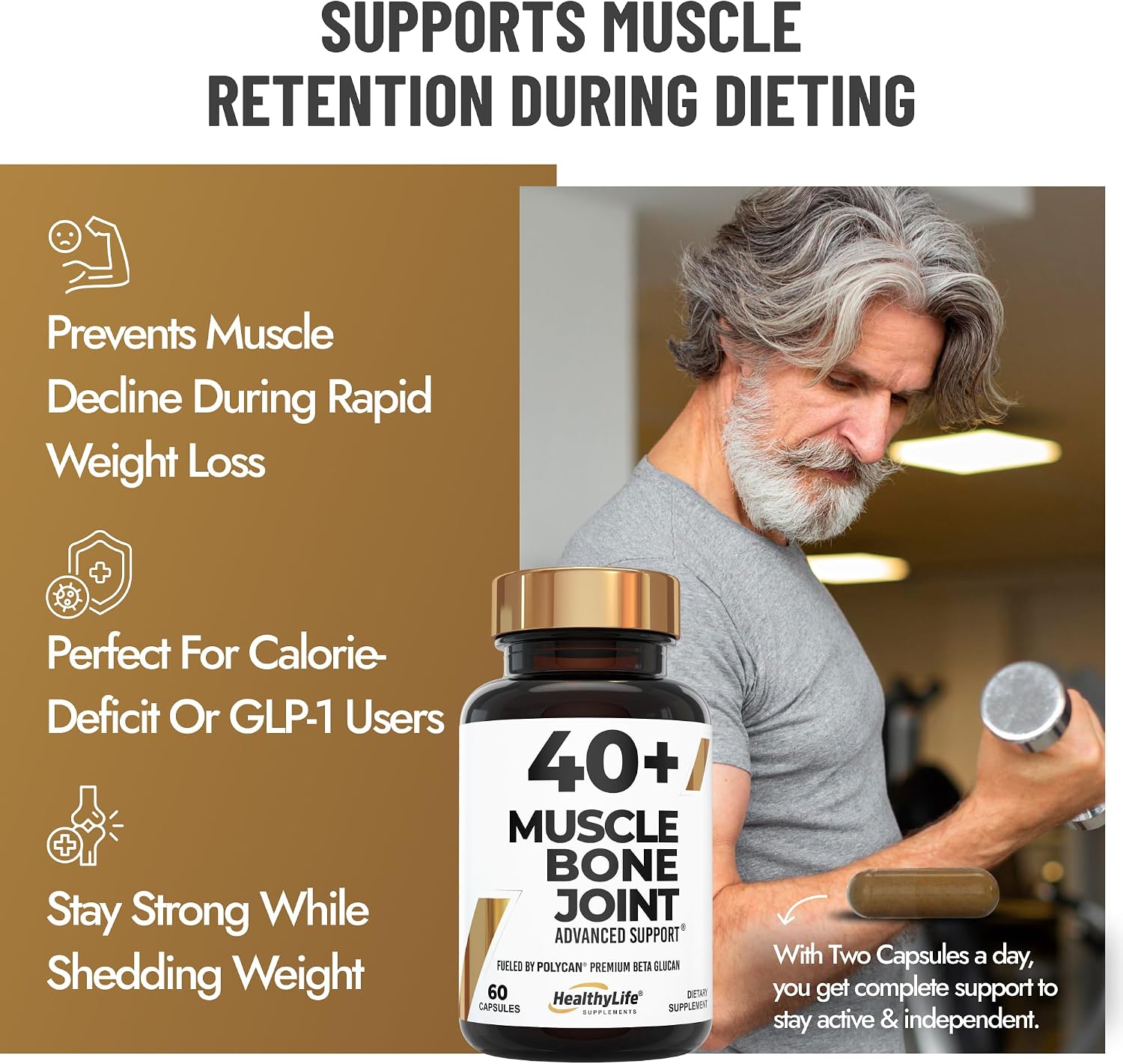 40+ Muscle Bone Joint Support | Posbiótico Polycan® Estudiado Clínicamente | Apoyo para Salud Ósea, Muscular y Articular | 60 Cápsulas