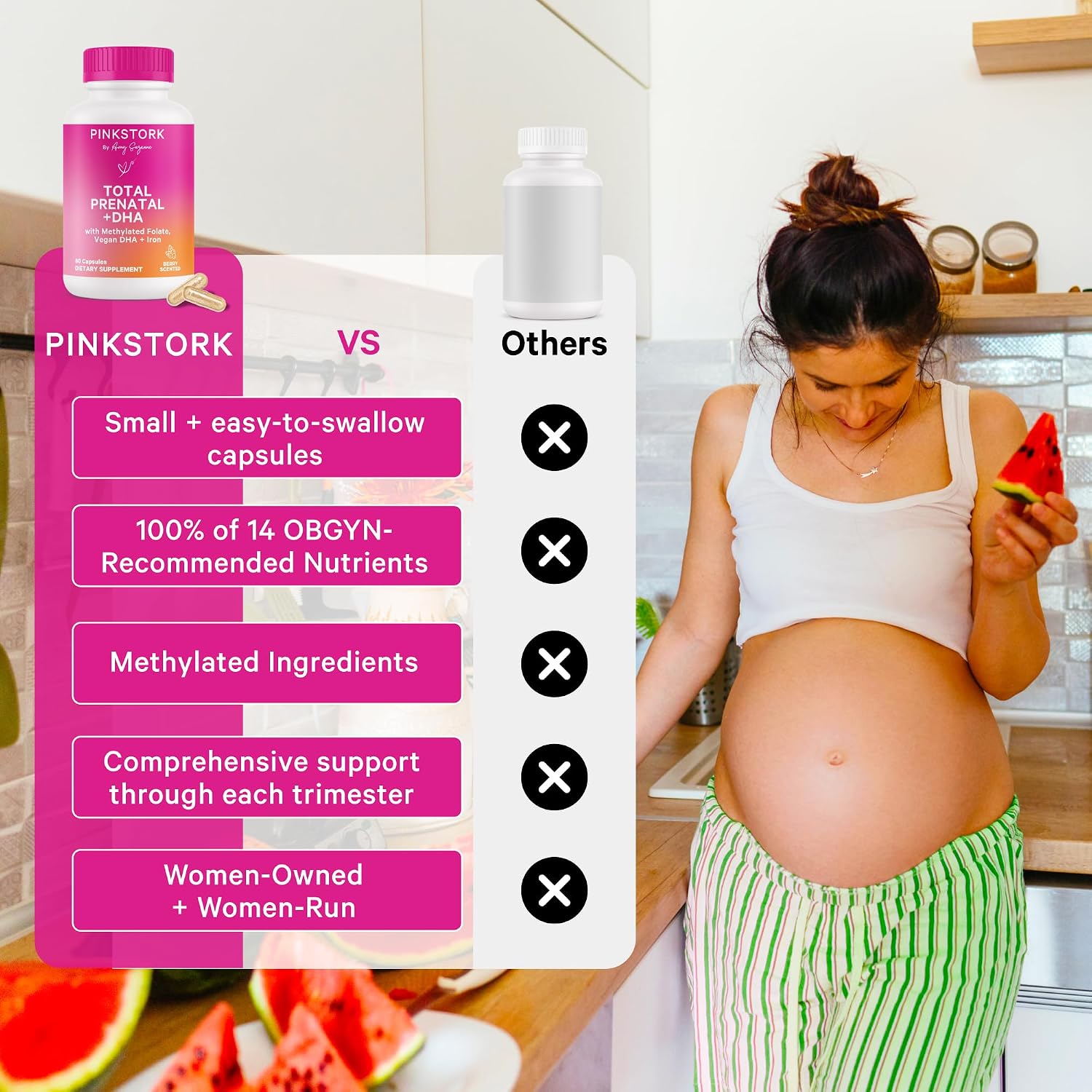 Pink Stork Total Prenatal Vitaminas con DHA - Menta (180 Cápsulas, 3 Meses)