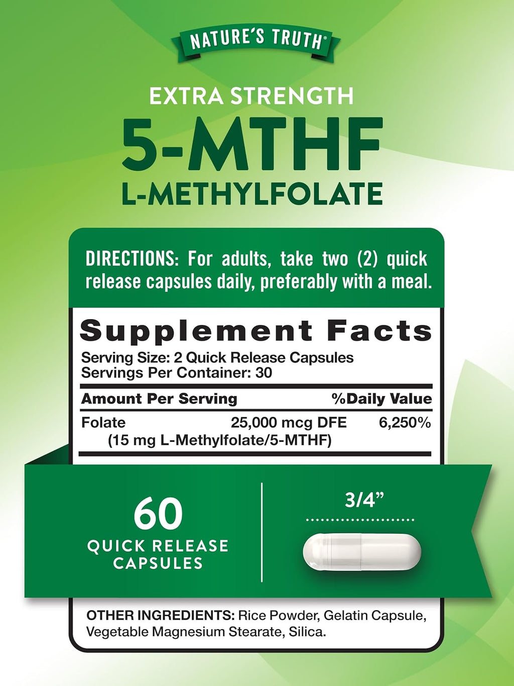 Nature's Truth L Methylfolate 15mg | 60 Cápsulas | Complemento Alimenticio Sin Gluten y No-GMO | Fórmula Extra Fuerte