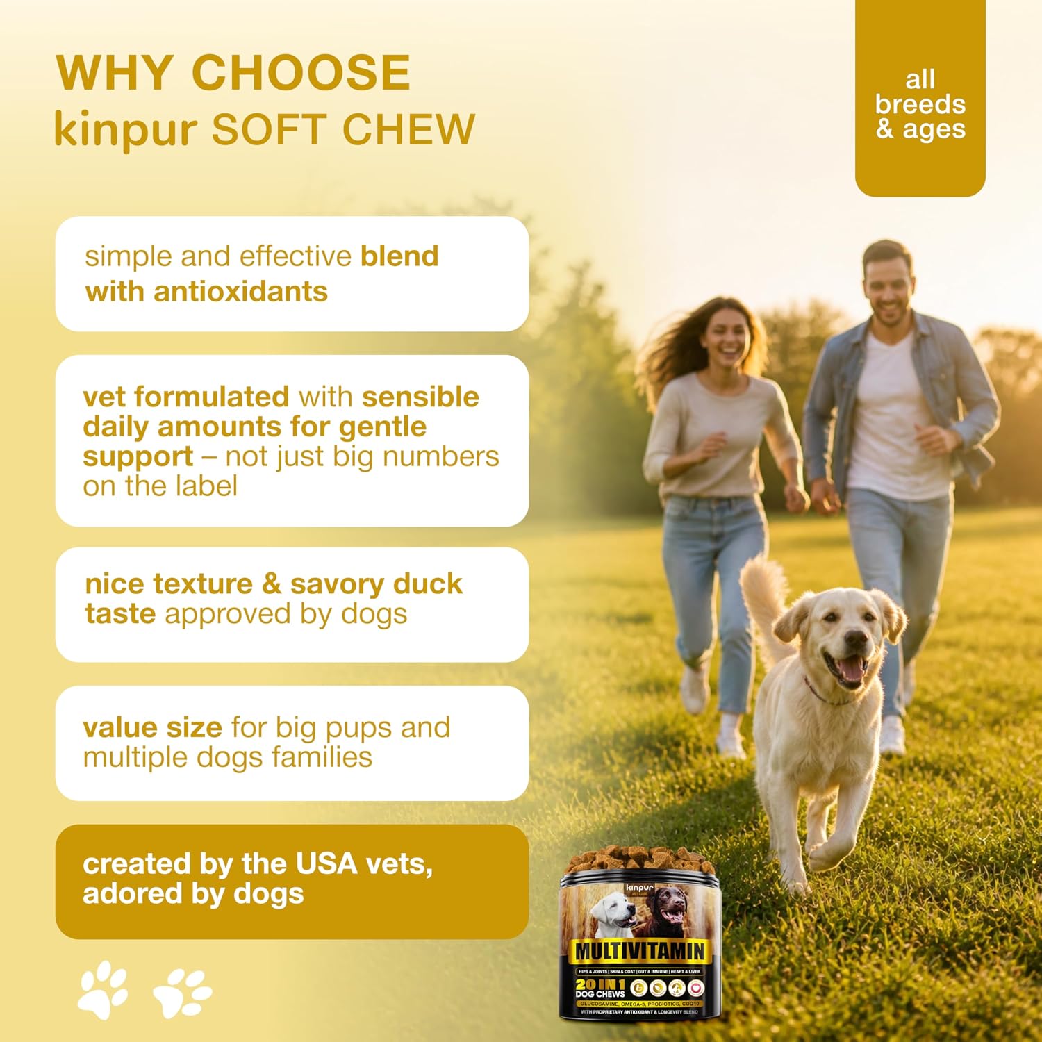 Kinpur Pet Care Multivitamínico 20 en 1 para Perros – 180 Masticables Blandos
