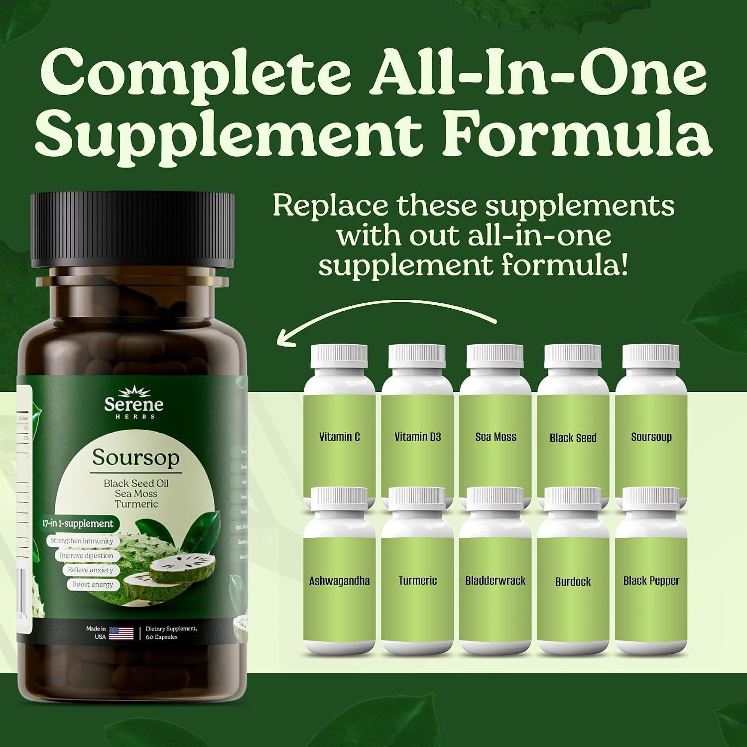 Serene Herbs 17-en-1 Cápsulas de Sea Moss con Irish Seamoss, Aceite de Semilla Negra, Ashwagandha, Cúrcuma y Bladderwrack - Apoyo Inmunológico, Energía y Digestión - Suplemento Herbal Natural - 60 Cápsulas