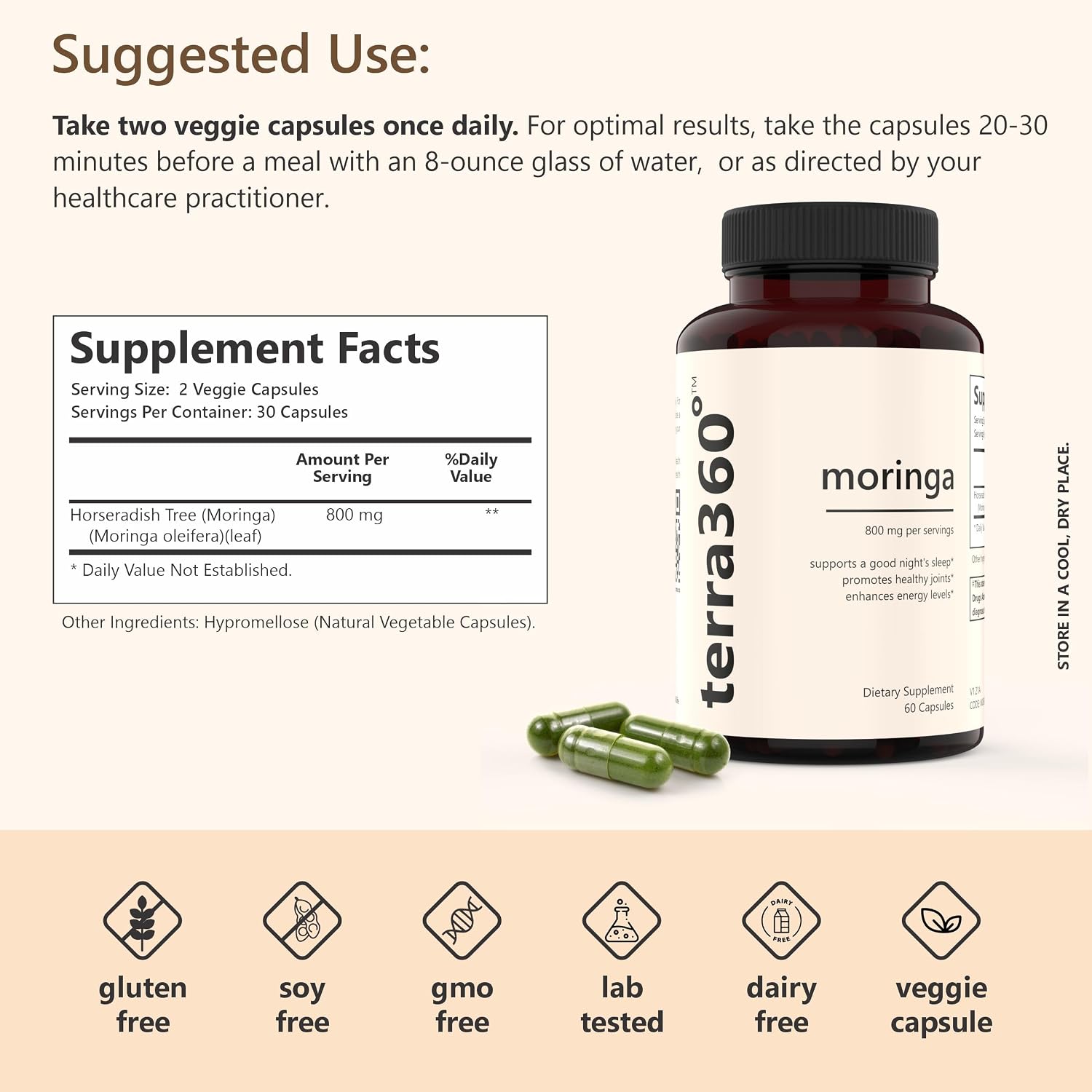 Cápsulas de Moringa Orgánica en Polvo - 800mg, 60 Cápsulas