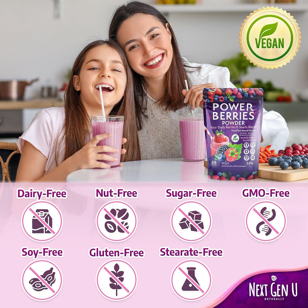Super Berry Powder - 1 Paquete, 240g - Apoyo Inmunológico - Complemento Alimenticio - Bayas Superfood - Mezcla para Batidos - Impulso Saludable para Bebidas Detox - de NextGenU