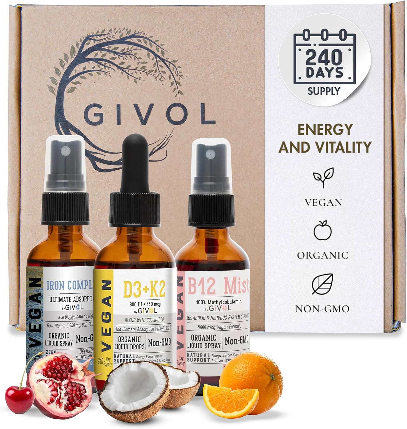 GIVOL Ultimate Vegan Essential Bundle Liquid Spray - Complejo de Hongos, Hierro Bisglicinato y Vitamina B12 Metilcobalamina, 60 ml (360 días)