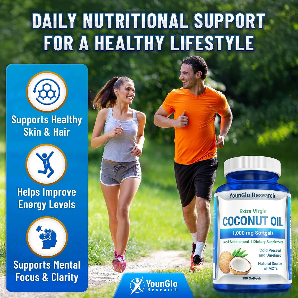 YounGlo Research Coconut Oil 1000 mg 100% Cold Pressed Organic Extra Virgin 180 Veggie Capsules