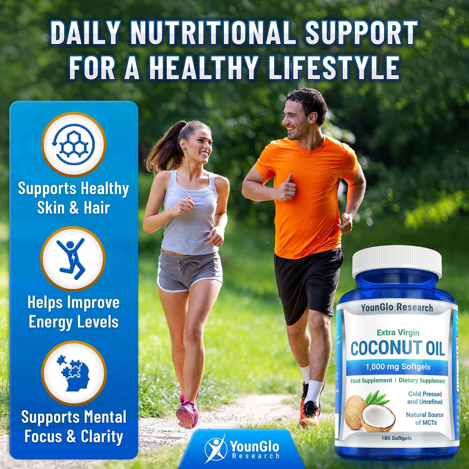 YounGlo Research Coconut Oil 1000 mg 100% Cold Pressed Organic Extra Virgin 180 Veggie Capsules