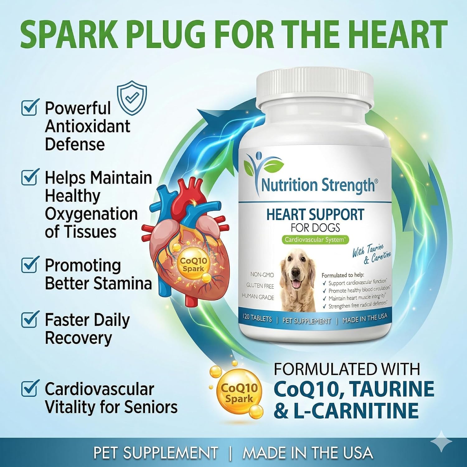 Nutrition Strength Apoyo cardíaco para perros con taurina y carnitina, 120 comprimidos masticables