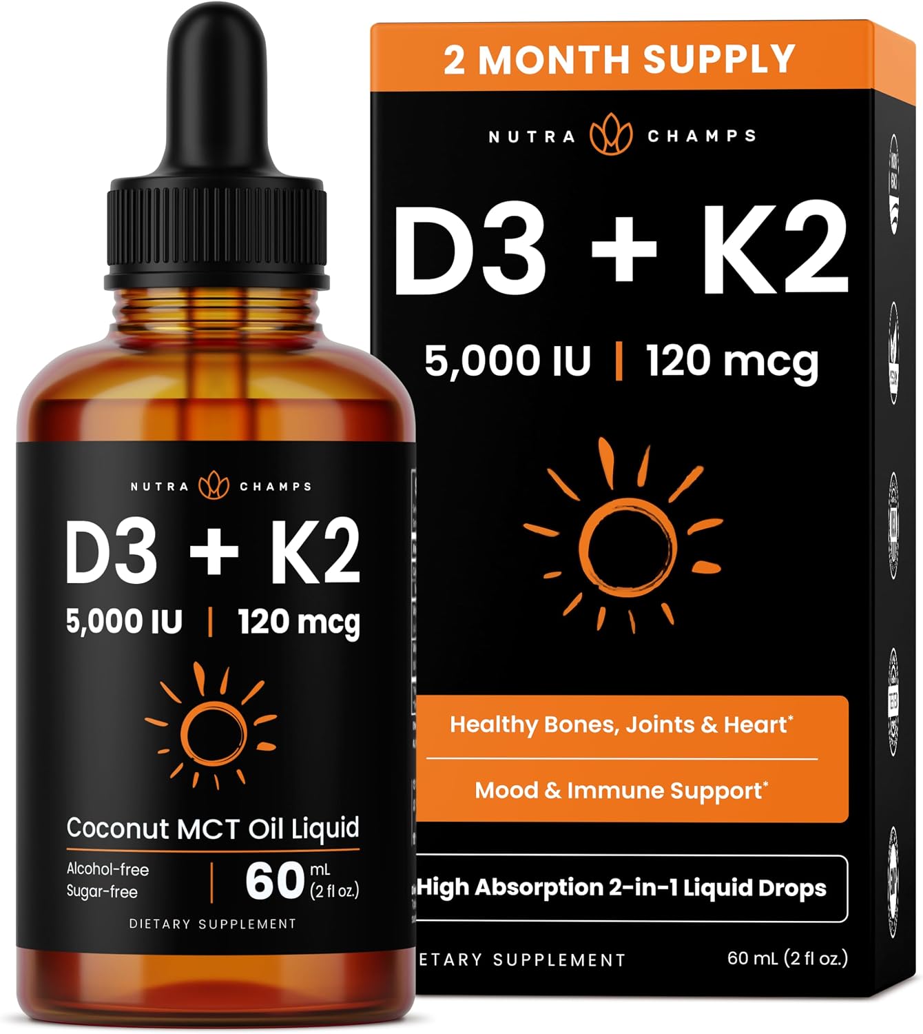 NutraChamps Vitamin D3 K2 Gotas, 5000 UI D3 + K2 MK-7, Líquido Sin Sabor