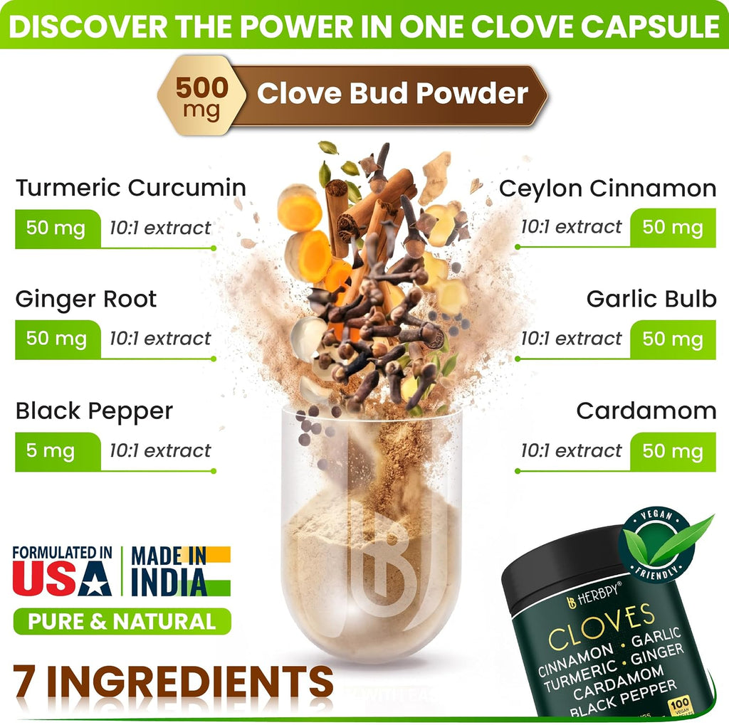 Herbpy 7 en 1 Clavo de Olor 500 mg con Cúrcuma, Jengibre, Canela y Más - 100 Cápsulas Veganas