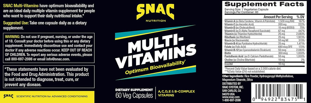 SNAC Multi-Vitamins Daily Supplement with Optimum Bio-Availability, 60 Cápsulas