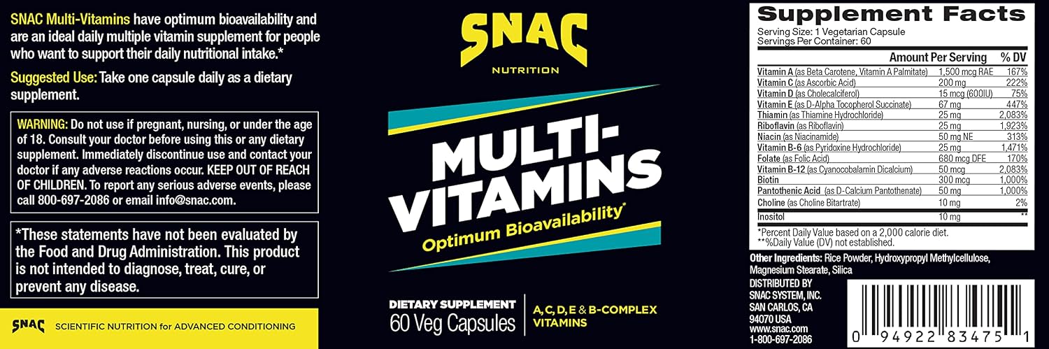 SNAC Multi-Vitamins Daily Supplement with Optimum Bio-Availability, 60 Cápsulas