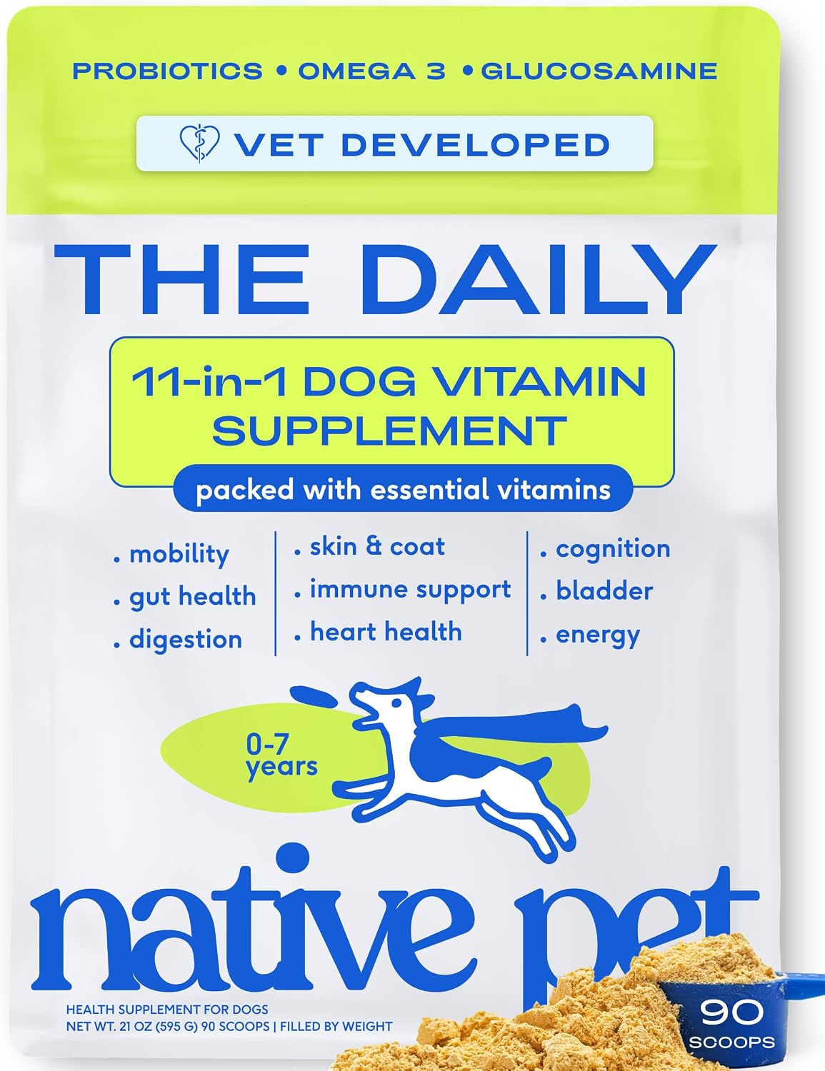 Native Pet The Daily Dog Vitamins & Supplements – Multivitamínico 11-en-1 en Polvo para Perros – 90 Dosis