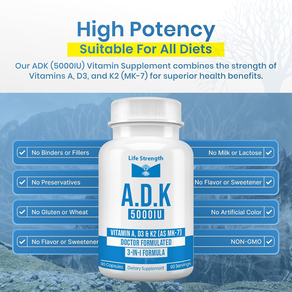 LifeStrength ADK 5 - Suplemento de Vitaminas A, D3 5000 UI y K2 MK-7, 90 Cápsulas