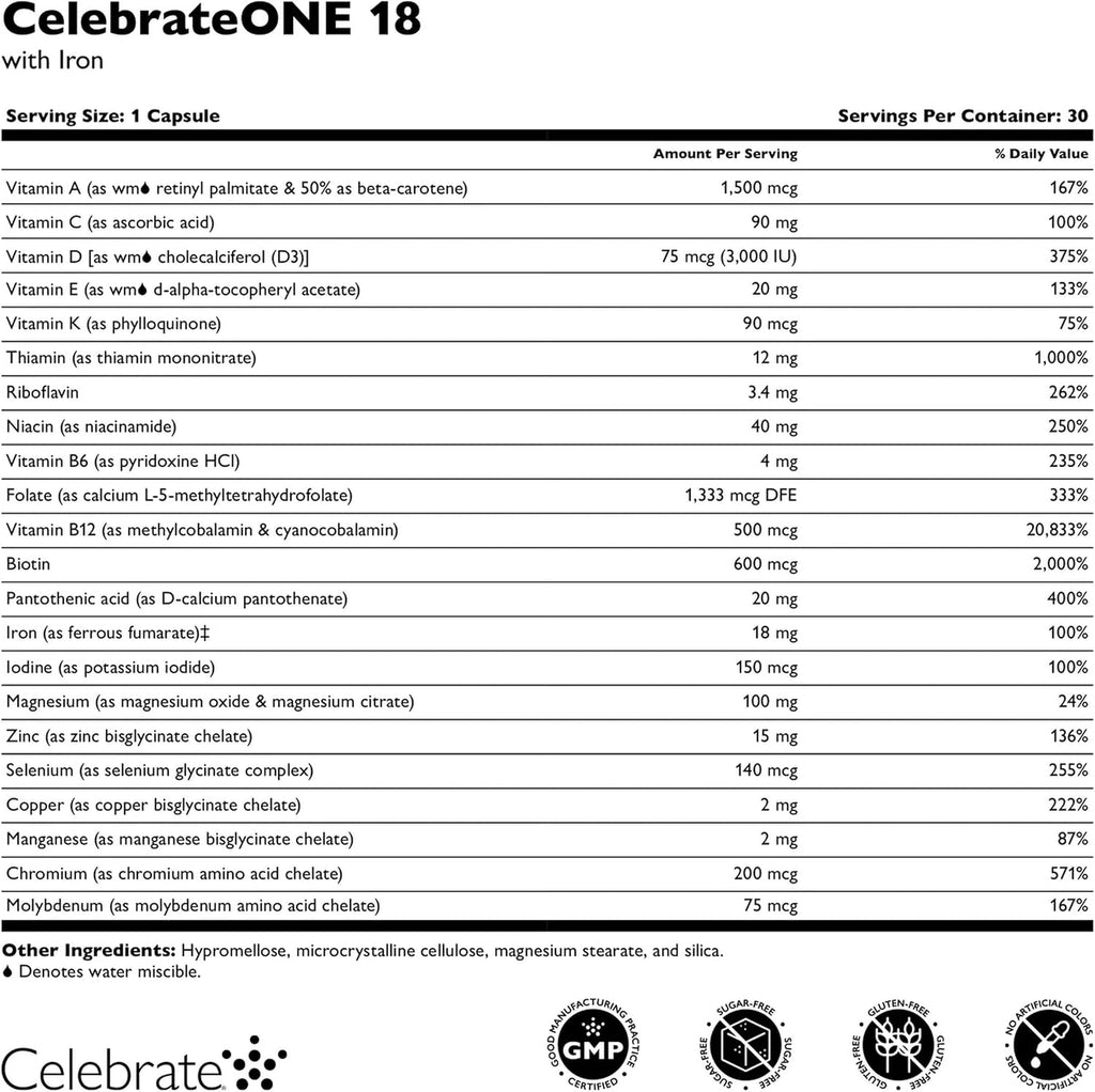 CelebrateONE Bariátrico Multivitamínico con Hierro 18 mg – 30 Cápsulas Vegetales