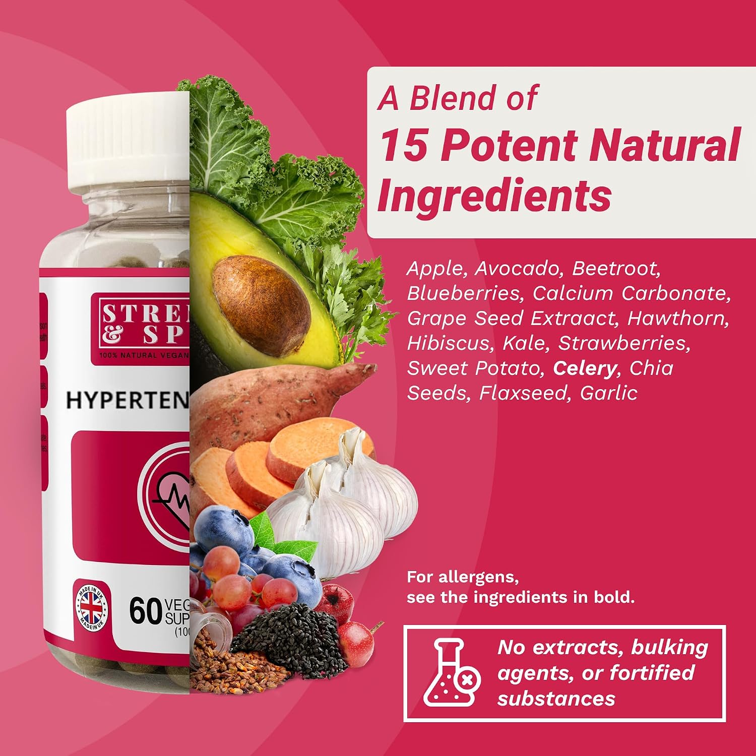 Strength & Spices Hypertensupport – 15 Ingredientes Naturales con Espino Blanco, Semillas de Uva y Bayas – 60 Cápsulas Veganas 1000mg