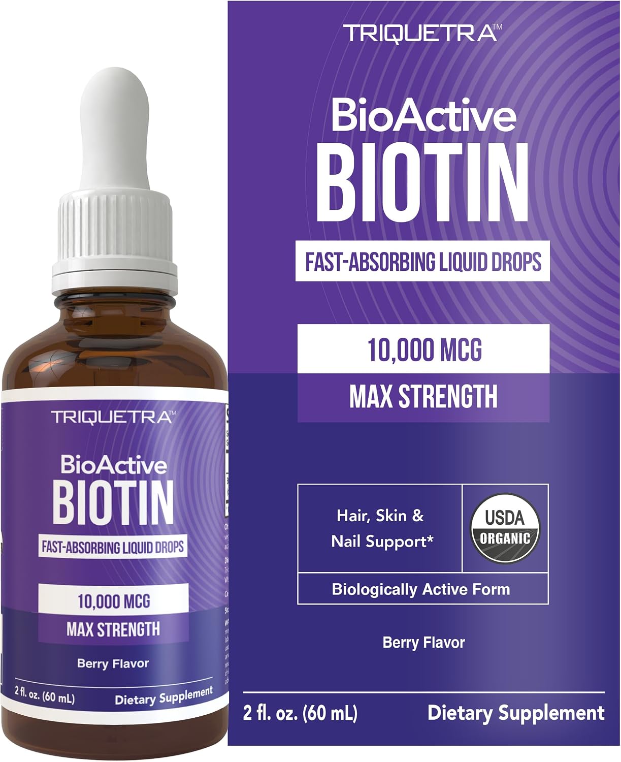 Biotina Líquida 10.000 mcg – Gotas Sublinguales – Sabor Natural a Bayas – 180 Servicios (59 ml)