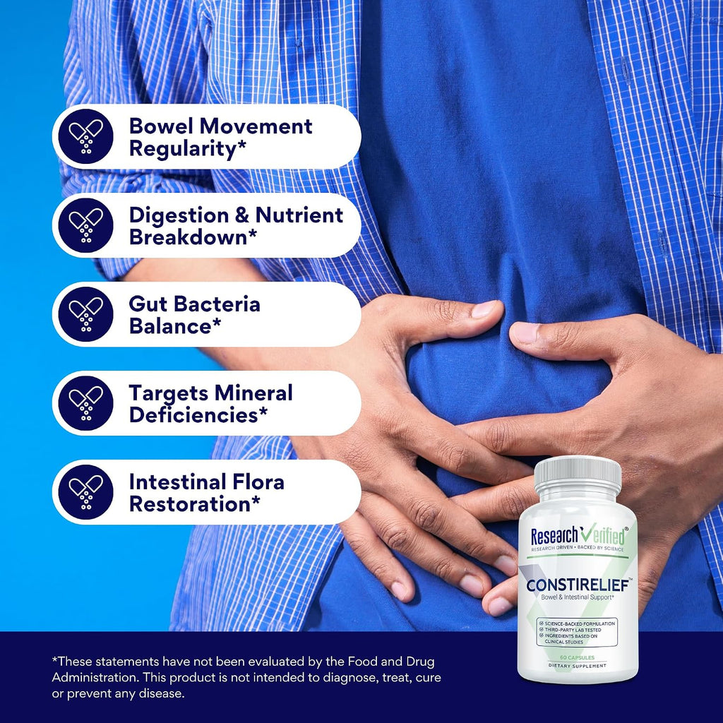Research Verified ConstiRelief - Suplemento para el estreñimiento con Senna, Psyllium y L. Acidophilus (Pack de 3)
