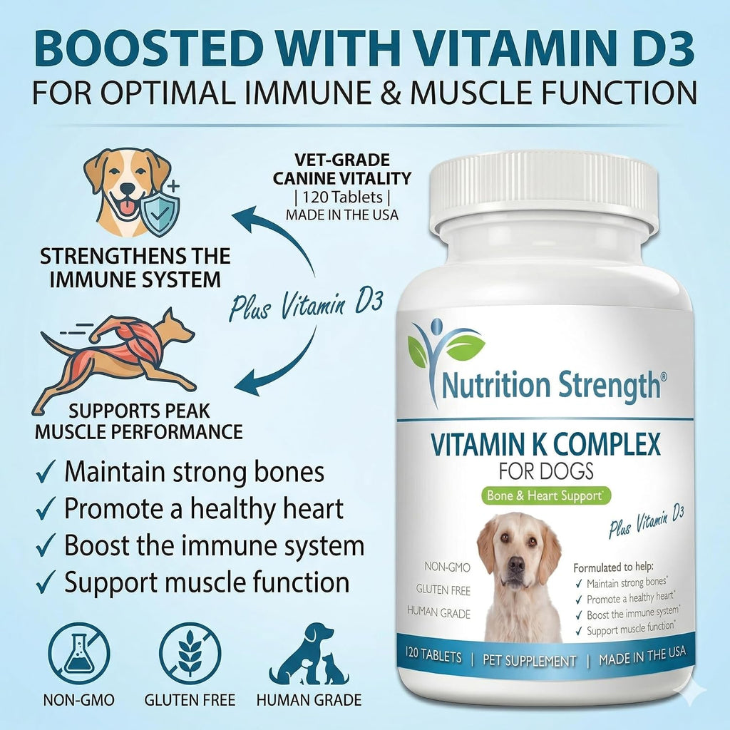 Complemento de vitamina K para perros - K1 y K2 (MK4 + MK7) + Vitamina D3 para la salud ósea, apoyo cardíaco y absorción de calcio - Fórmula avanzada para articulaciones fuertes, músculos y sistema inmunitario - 120 comprimidos