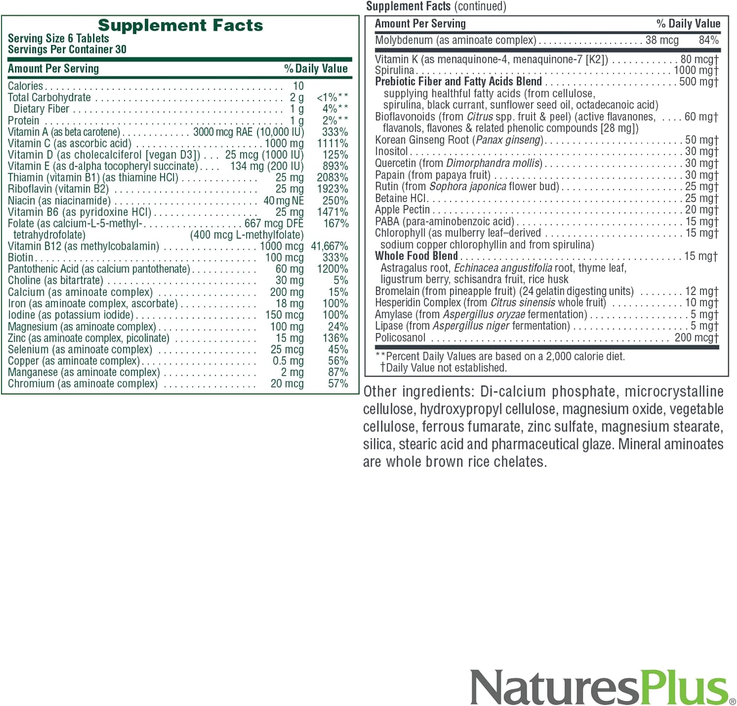 NaturesPlus Ultra Source of Life con Luteína - 180 Comprimidos - Multivitamínico con Alimentos Integrales