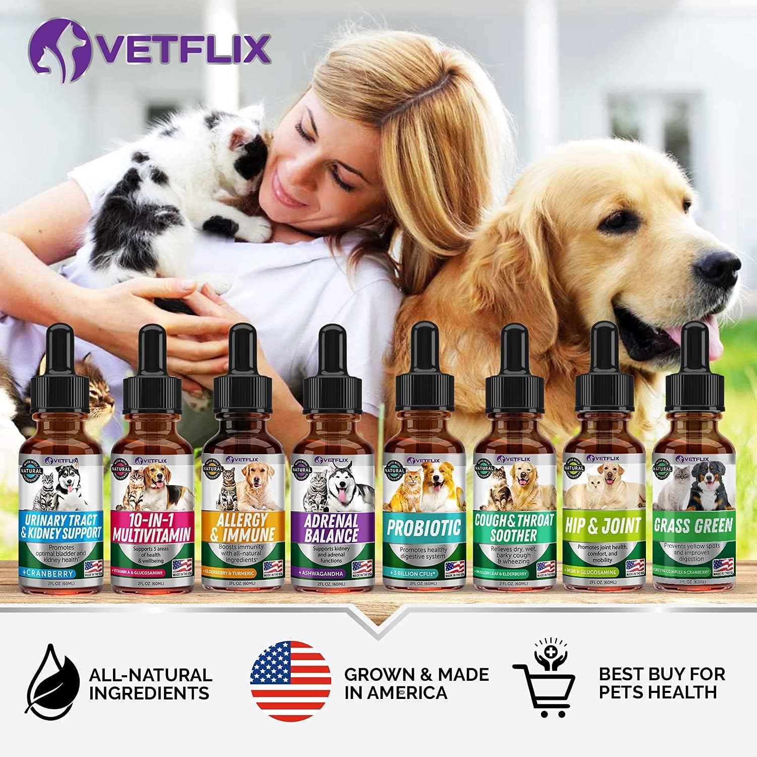 Vetflix Líquido para la tos para perros y gatos - 60 ml - Mezcla de gordolobo, saúco y caléndula
