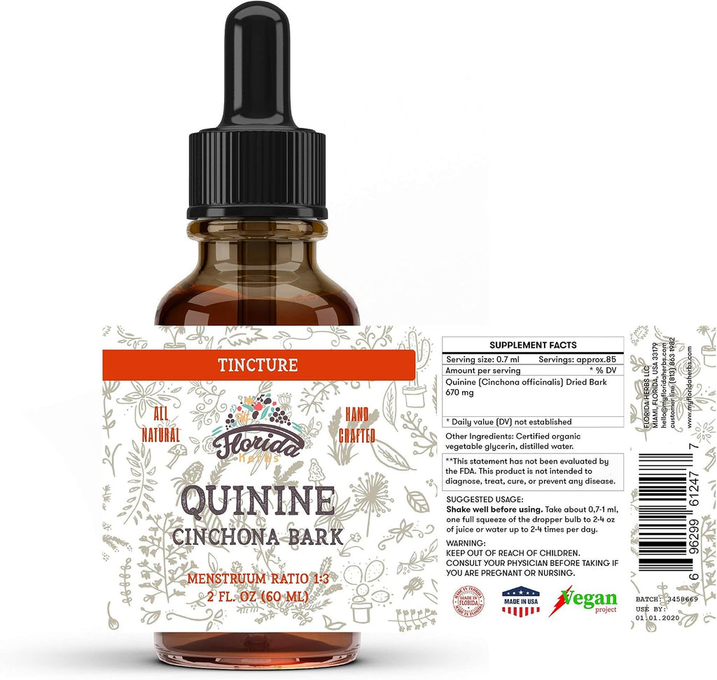 Tintura de Quinina Orgánica - Corteza Seca, Sin OGM, Sin Gluten, en Glicerina Vegetal 670 mg