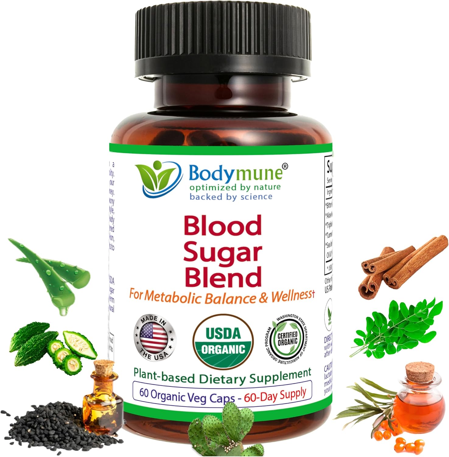 Bodymune Blood Sugar Blend – Suplemento orgánico de apoyo metabólico – con melón amargo, moringa y aceite de semilla negra – 66 cápsulas – USDA Orgánico, Vegano, No GMO