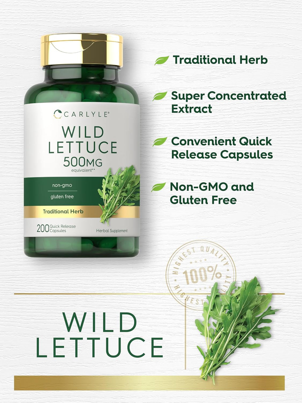 Carlyle Extracto de Lechuga Silvestre | 200 Cápsulas | Suplemento de Hoja Herbácea | Sin OGM y Sin Gluten