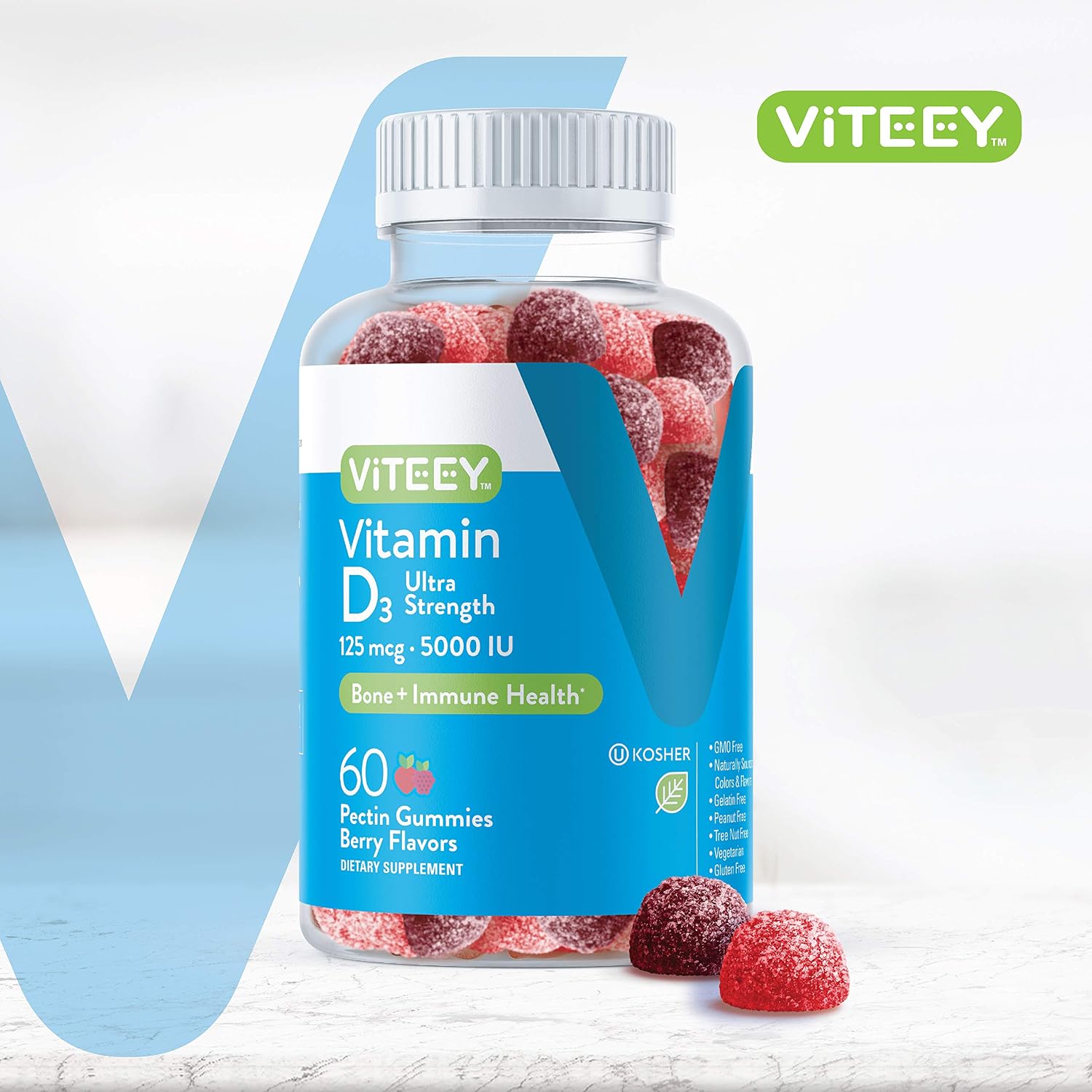 Viteey Vitamin D3 Gummies for Adults & Teens - 5,000 IU, 125mcg | Ultra Strength - Joint & Muscle Health, Immune Boost - Chewable Vitamin D Gummies - Vegetarian, Gelatin Free - 60 Count