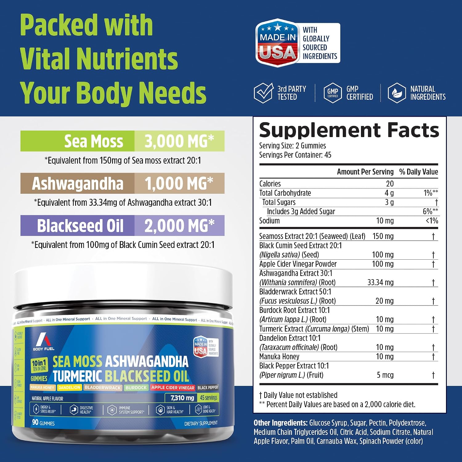 A1 Body Fuel Gominolas de Sea Moss, Fórmula 10 en 1, 90 unidades