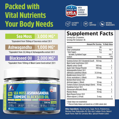 A1 Body Fuel Gominolas de Sea Moss, Fórmula 10 en 1, 90 unidades