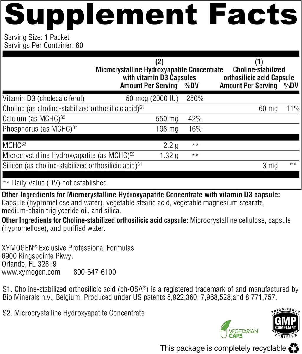 XYMOGEN OSAplex - Apoyo para la Salud Ósea - Hidroxiapatita Microcristalina con Calcio y Vitamina D3 - Sin Gluten y No GMO - 60 Sobres