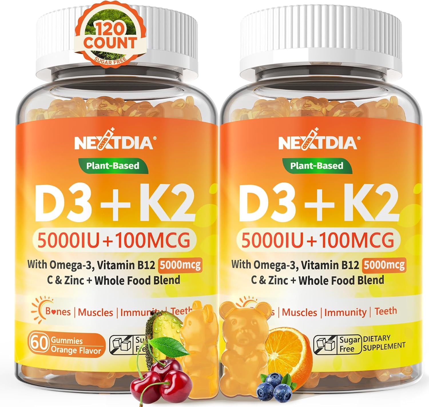 Gominolas de Vitamina D3 K2 5000IU con Omega-3, K2 MK-7 100mcg, Vitamina C, Zinc y 5 Vegetales Orgánicos - Nextdia